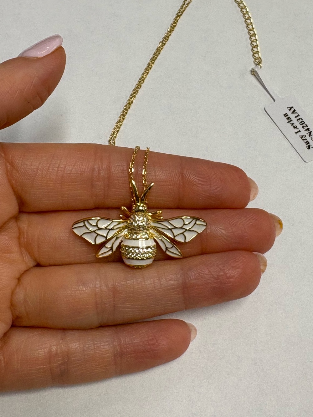 Suzy Levian Yellow Sterling Silver White CZ Bee Pendant Necklace White Enamel